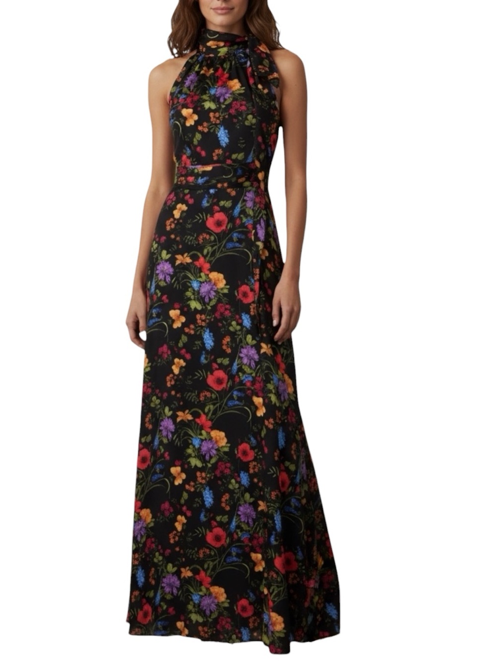 NWT SACHIN + BABI Black Wild Flower Sleeveless Tie Neck Dress Gown Size 18W - Picture 1 of 5